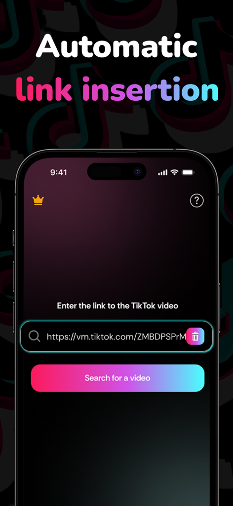 Interfaz de la aplicación Tick Video Saver mostrando un enlace de TikTok insertado automáticamente en la barra de búsqueda con un botón para buscar un video.