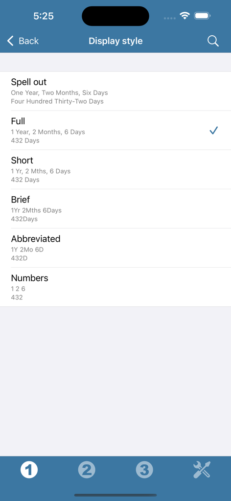 Date Countdown Widget - Display style settings in the Date Countdown Widget app showing various text formatting options for time intervals