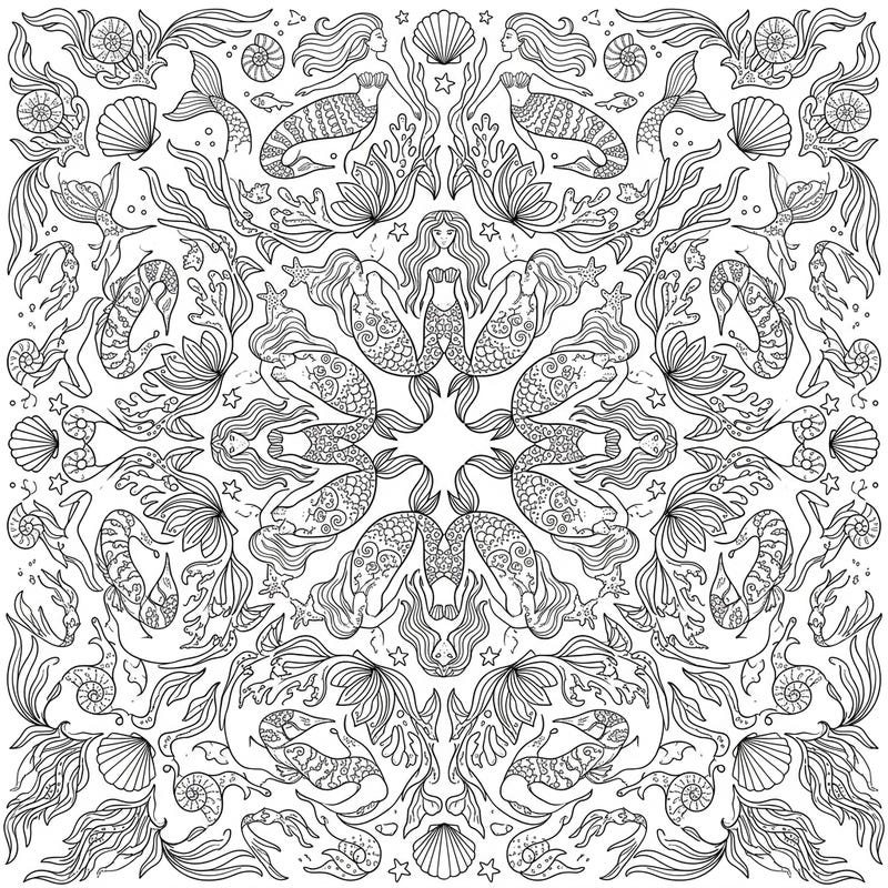 Unleash your creativity with this stunning kaleidoscope mermaid coloring page. Immerse yourself in an intricate underwater world filled with symmetrical patterns and mythical sea creatures.