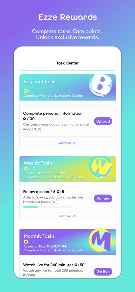 ezze: Stream, Shop & Socialize - Ezze app rewards screen showing task center with beginner weekly and monthly challenges to earn points