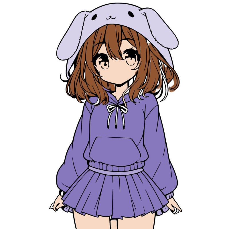 pretty anime girl wearing a fluffy hoodie with bunny ears on the hood and a skirt