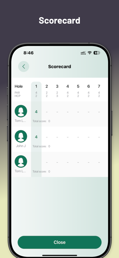 The Golf App | All-in-one - Digital golf scorecard screen displaying scores for multiple players