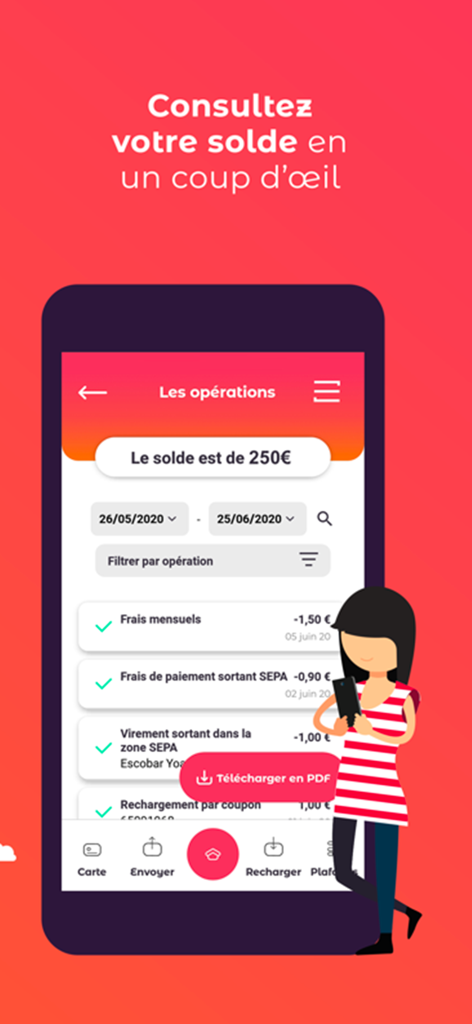 MyPCS app interface showing balance and list of transactions