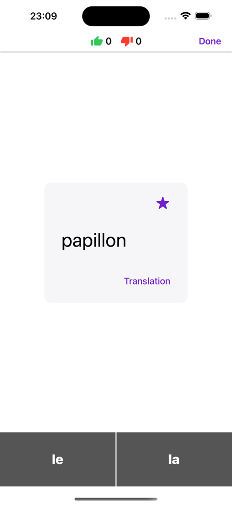 Le La - Interface of the Le La app showing a French noun gender game with the word papillon