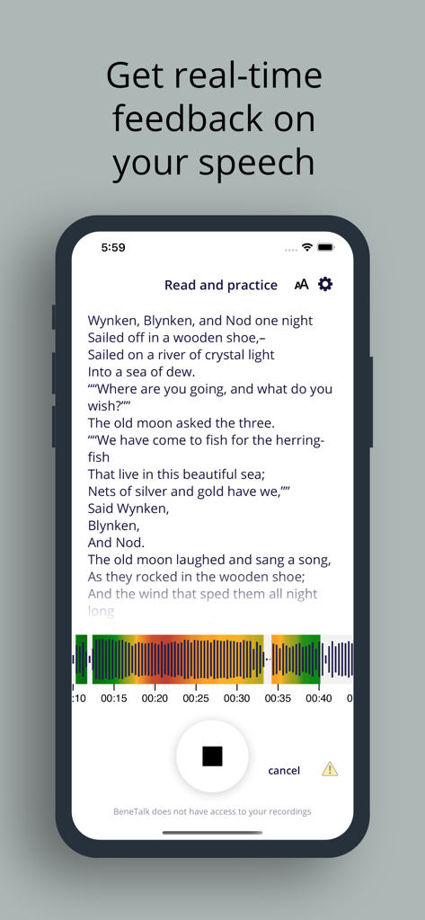 BeneTalk: Stuttering Coach - BeneTalk app interface showing a reading exercise with a real-time speech feedback waveform and pacing guide