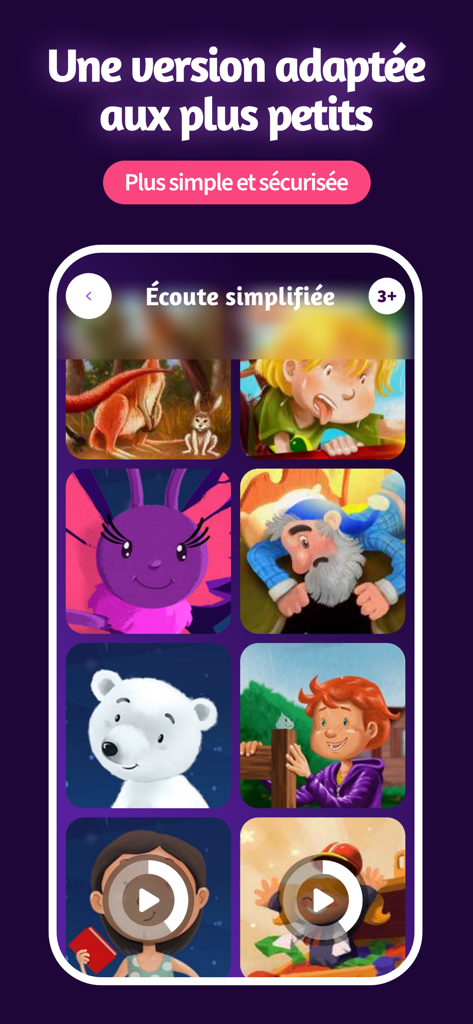Souffleur de Rêves - Child friendly app interface showing a grid of colorful story thumbnails for simplified listening.
