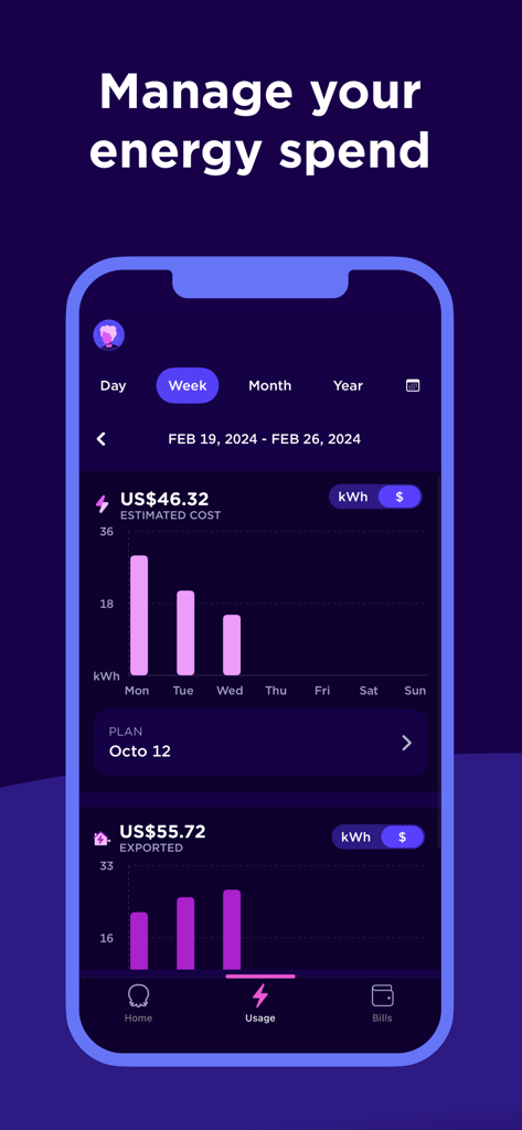 Octopus Energy mobile app dashboard showing weekly energy consumption and estimated cost tracking.