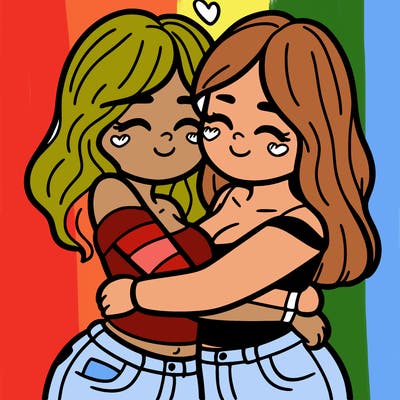 two females (pride month) hugging