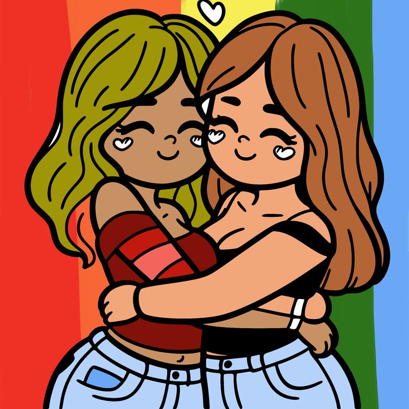 two females (pride month) hugging