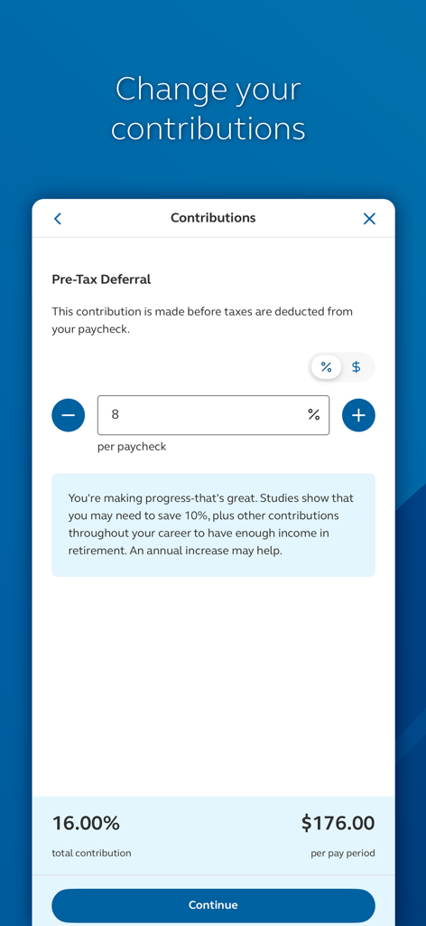 Principal mobile app screen for adjusting pre-tax deferral contribution percentages for retirement savings