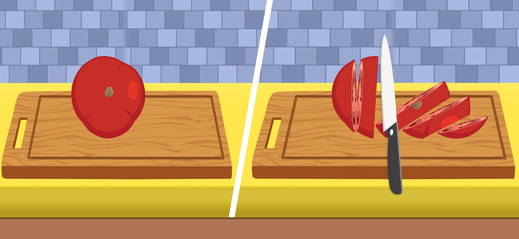 Cooking games for children 2+ - Pasos para cortar tomates en una tabla de cortar de madera en un juego de cocina para niños