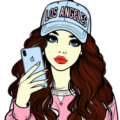 realistic beautiful girl wearing los ángeles cap holding an iphone