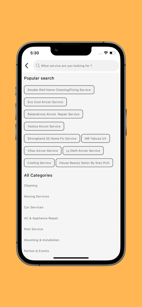 Orkun App - Home Services - Search screen of the Orkun app displaying popular home service searches and categories