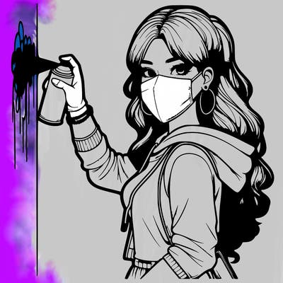 realistic girl with mask spray painting a wall