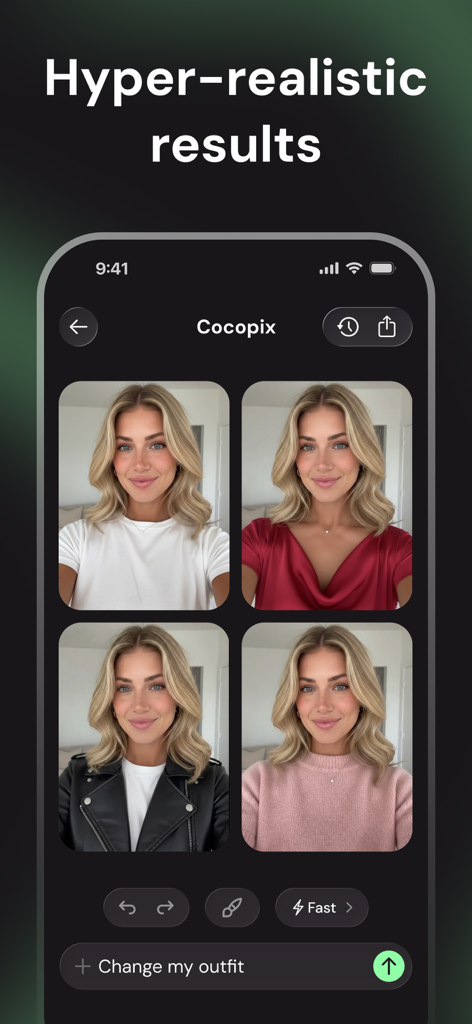Edit Photos with AI - Cocopix - Cocopix mobile app screen showing hyper-realistic AI virtual outfit changes on a portrait photo