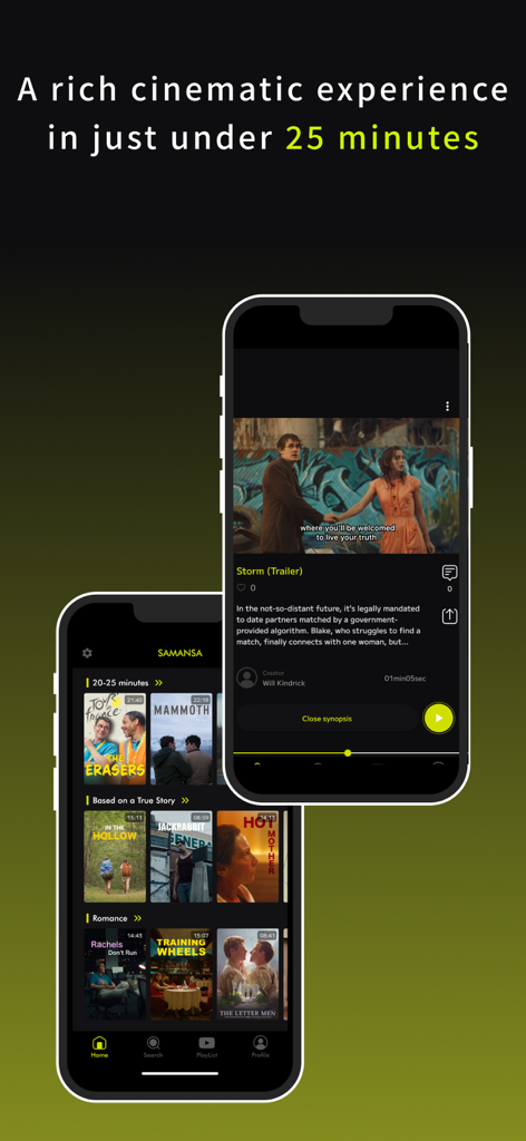 SAMANSA - Watch Short Films - SAMANSA mobile app showing a collection of short films and a video player with a movie trailer.