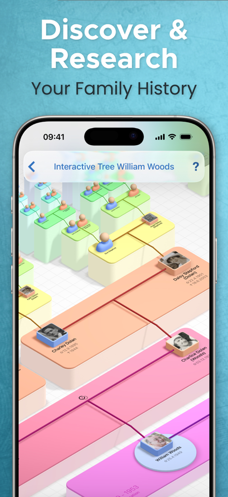 Screenshot der MobileFamilyTree 11 App, der eine interaktive 3D-Stammbaumansicht anzeigt