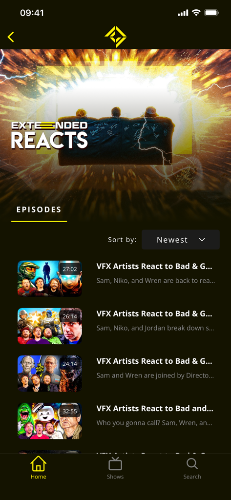 Corridor Digital - Corridor Digital app interface showing the Extended Reacts show with a list of VFX Artists React episodes