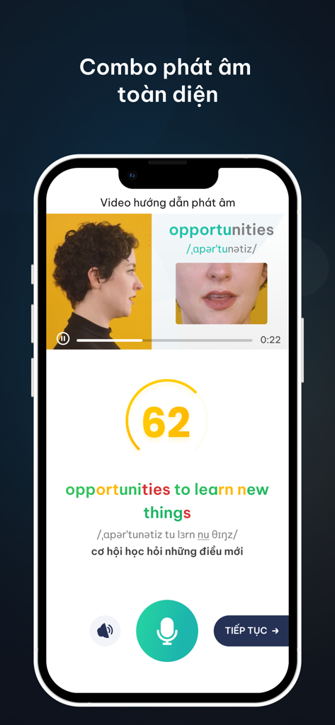 The Coach: tiếng Anh giao tiếp - English pronunciation practice screen in The Coach app with video guide and voice recognition