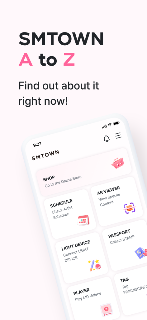 SMTOWN Official app main menu interface showing features like shop schedule and AR viewer