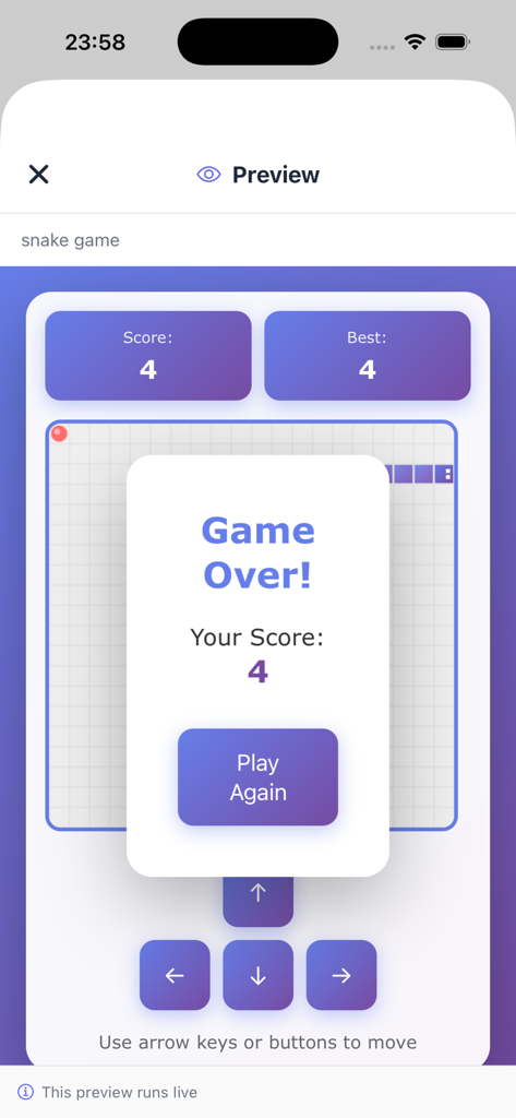Neyse - A mobile screen showing a real-time preview of a functional snake game created using the Neyse AI app builder.