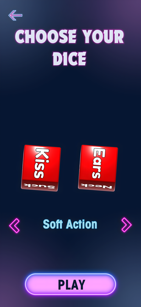 Sex Dice: Explore New Desires - Pantalla de selección en la aplicación Dados Eróticos mostrando dados rojos para Acción Suave con opciones como Beso y Orejas.