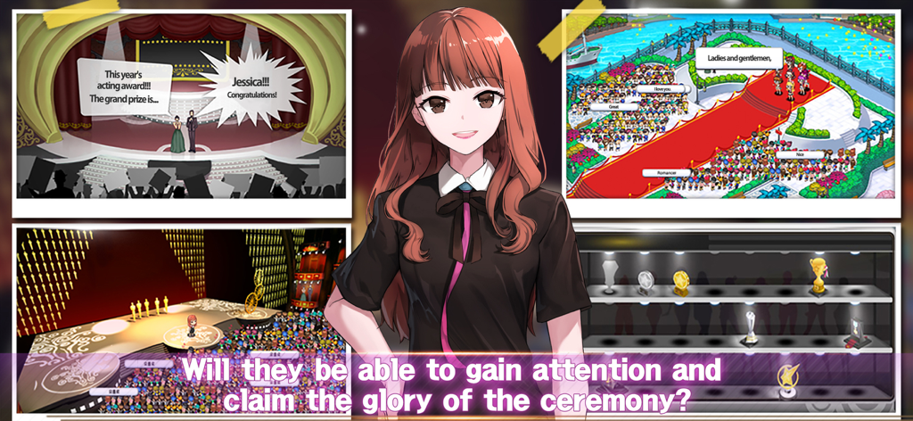 Love Idol Company : Kpop Girls - Personnage d'anime avec des scènes de cérémonie de remise de prix et un affichage de trophées du jeu Love Idol Company