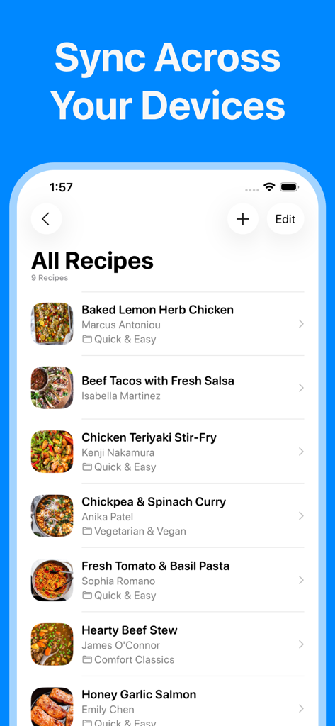 Recipes: Recipe Keeper - A list of saved recipes in the Recipe Keeper app with a headline highlighting device synchronization.
