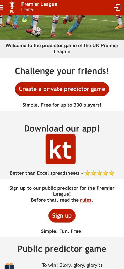 Kicktipp - Interfaz de la aplicación móvil Kicktipp para predicción deportiva de la Premier League que muestra opciones para crear un juego privado o unirse a una liga pública