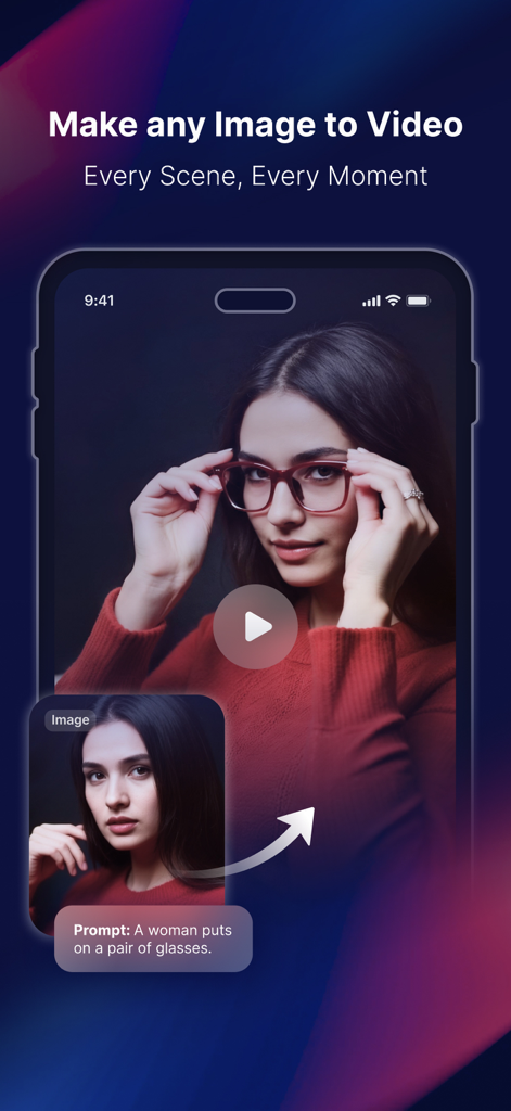 DeeVid app interface showing how to convert a static image of a woman into a video with an AI text prompt