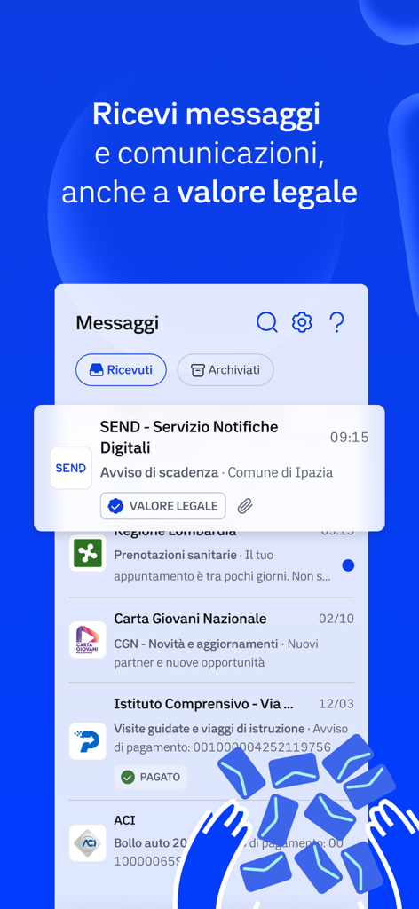 Interfaccia dell'app IO che mostra un elenco di messaggi digitali ufficiali e notifiche legali da vari uffici della Pubblica Amministrazione italiana
