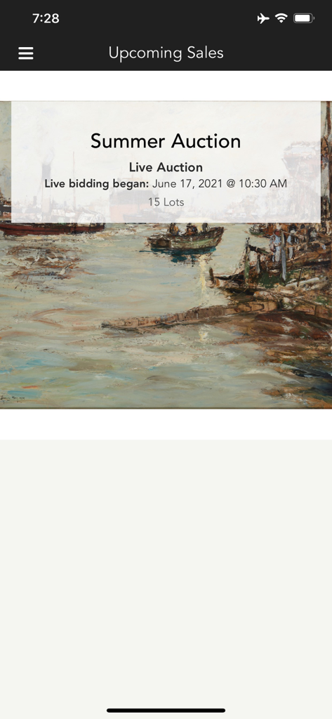 International Art Centre - International Art Centre app displaying upcoming live art auctions and summer sale details