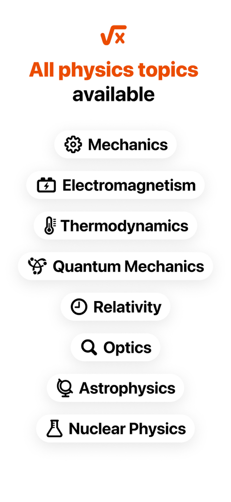 Physics AI - Problem Solver - A list of physics subjects covered by the app including Mechanics, Electromagnetism, Thermodynamics, and Quantum Mechanics.