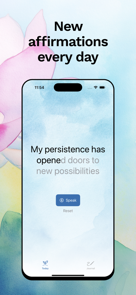 everbloom: self-love - Pantalla de afirmación diaria de la aplicación Everbloom con un diseño minimalista y fondo acuarela