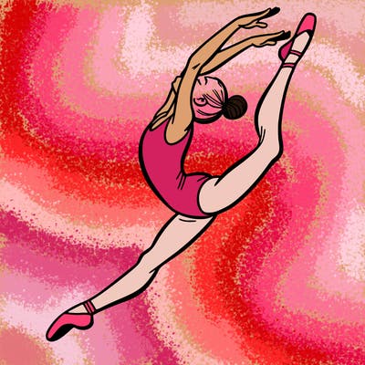 gymnast doing a leap in a leotard with a bent back leg