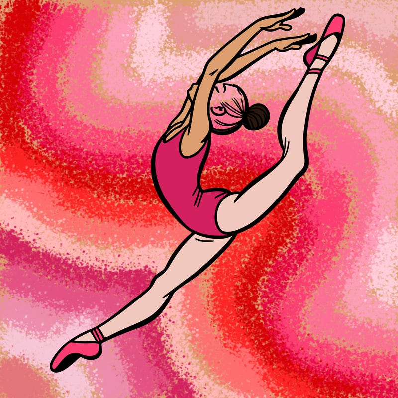 gymnast doing a leap in a leotard with a bent back leg