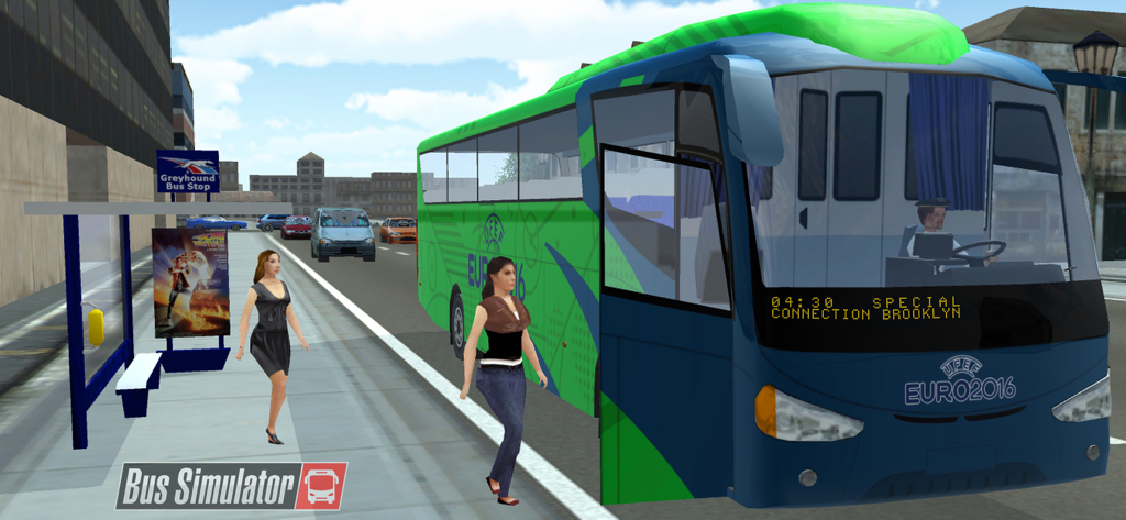 BUSTOP Bus Simulator 2026 - Euro 2016 themed bus picking up passengers at a city bus stop in Bus Simulator 2026