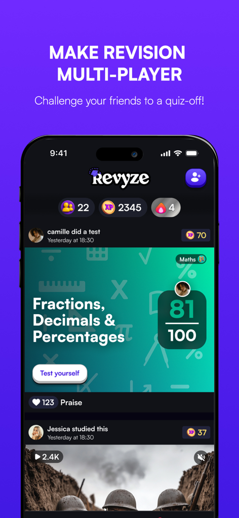 Interface of the Revyze app showing a social feed for multi-player revision challenges and quiz scores among friends.