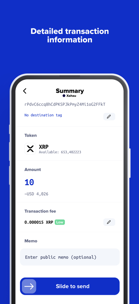 Xaman: XRP Ledger Wallet - Detailed transaction summary screen in the Xaman XRP Ledger Wallet app showing amount and low fees.
