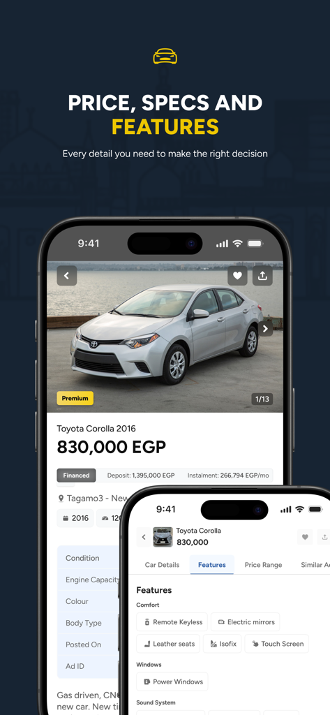 Hatla2ee 모바일 앱이 중고차 목록의 가격, 사양 및 기능을 표시함