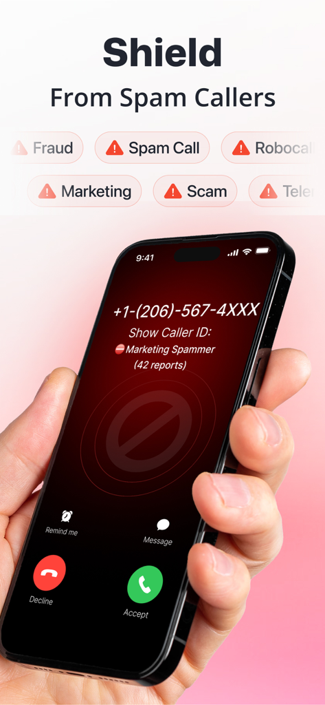 Show Caller ID PRO - iPhone screen showing an incoming call identified as a marketing spammer with 42 reports to help shield from spam callers