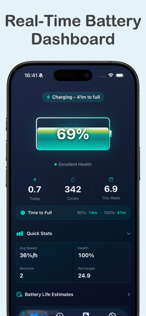 Battery Health Pro - A real-time battery dashboard from the Battery Health Pro app showing 69 percent charge excellent health status and 342 cycle counts.