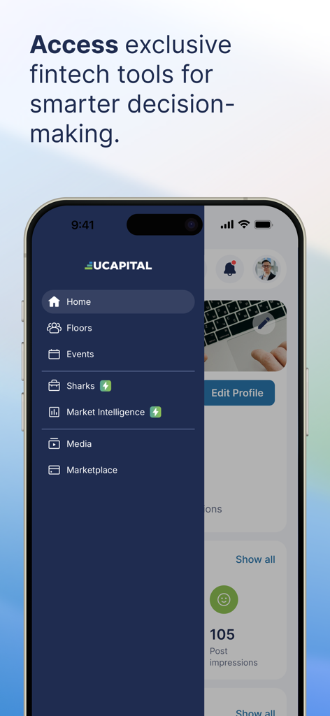 UCapital - UCapital app interface showing the side navigation menu with fintech tools like Market Intelligence and the Marketplace.
