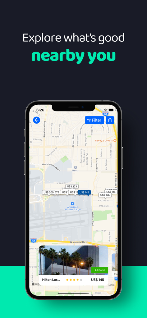 Cheap Hotels・Hotel Deals - Mobile app interface showing an interactive map with price tags for various hotels and a featured hotel deal card at the bottom.
