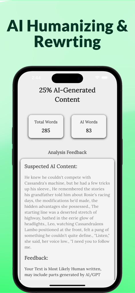 AI Detector & Humanizer Pro - Mobile app interface showing AI detection results and text analysis feedback.