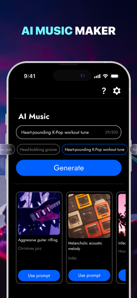 Club Lighting - Strobe Flash - Una pantalla de smartphone que muestra la función de generación de música con IA dentro de la aplicación Club Lighting, incluyendo indicaciones para diferentes estilos de música