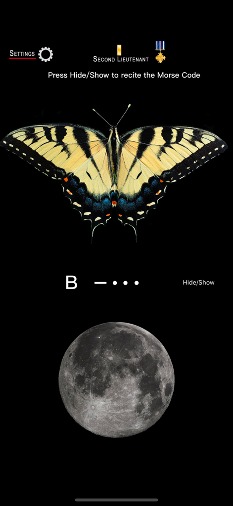 Telegraph - Morse Code ! - Morsecode-Lernbildschirm, der einen gelben Schmetterling und den Code für den Buchstaben B zeigt.