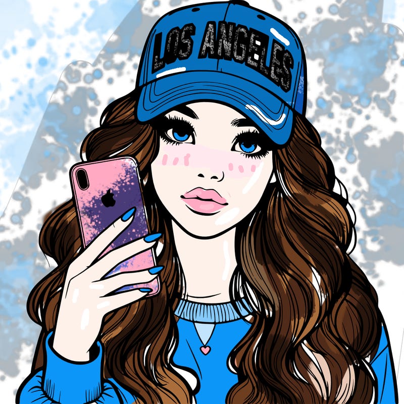 realistic beautiful girl wearing los ángeles cap holding an iphone