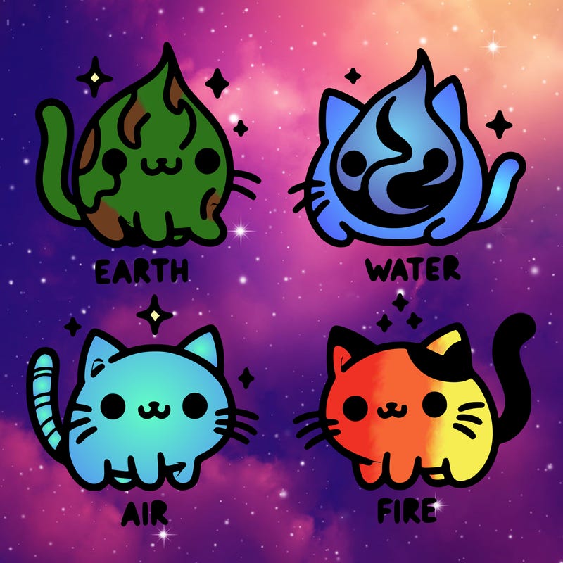 4 cats that represent the different elements, earth, water, air, and fire