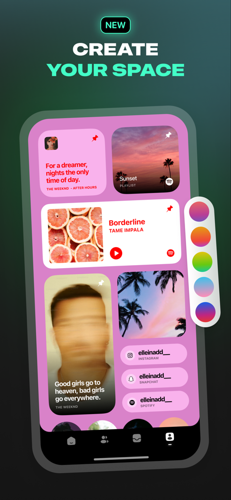 A mobile screen showing the Airbuds Widget Space Profile customization feature with music tiles and social media links.